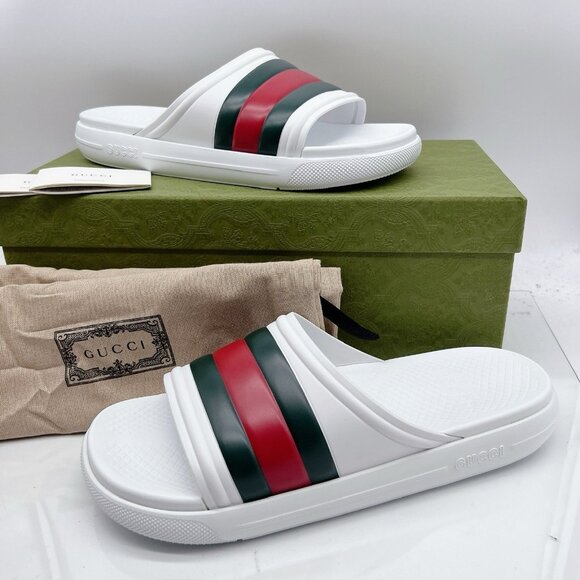 Gucci Men’s Web ACE RUBBER Slide Sandals Pool White UK 12 US 12.5 NEW AUTHENTIC - Picture 1 of 14